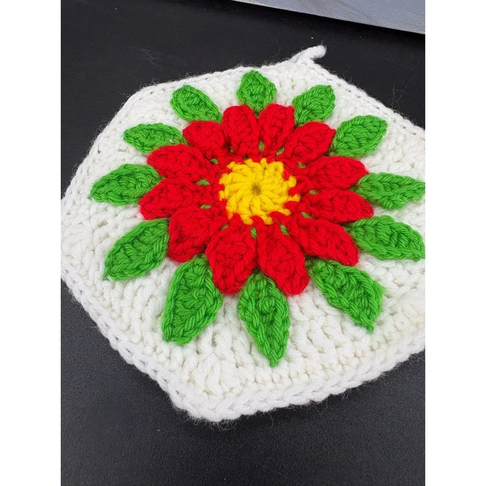 Vintage Handmade Crochet Potholder Red Flower Hexagon Trivet Hot Pad Grannycore